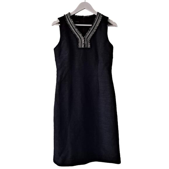 Talbots Womens Black Vneck Texture Dress with Neckline Fringes Sleeveless Size 2 - Picture 3 of 10